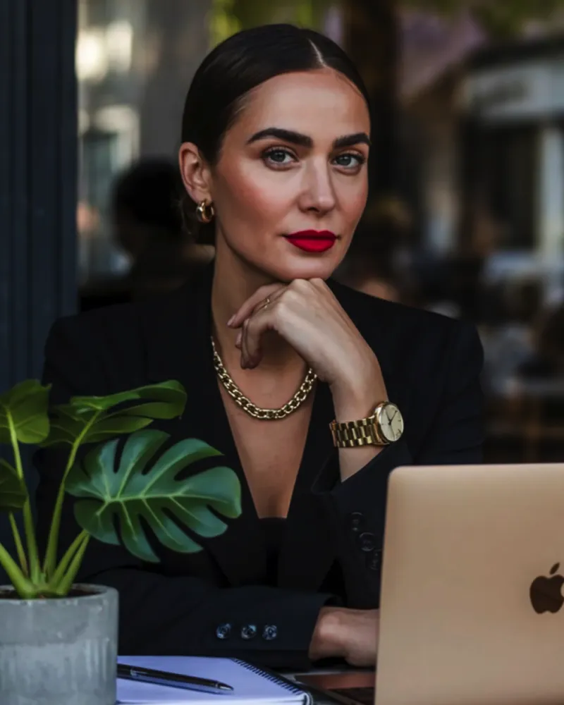 Премиальный деловой портрет женщины за ноутбуком, отражение витрины, вечерний свет