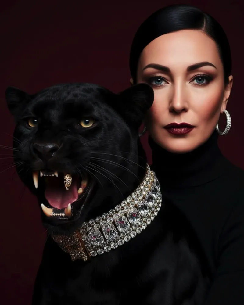 Женщина и чёрная пантера на бордовом фоне, бриллиантовый ошейник