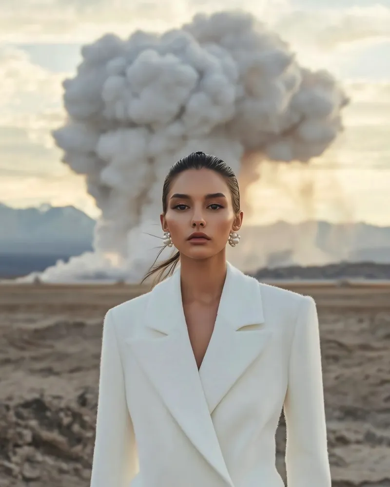 Женщина в белом костюме на фоне пустыни и большого дымового облака