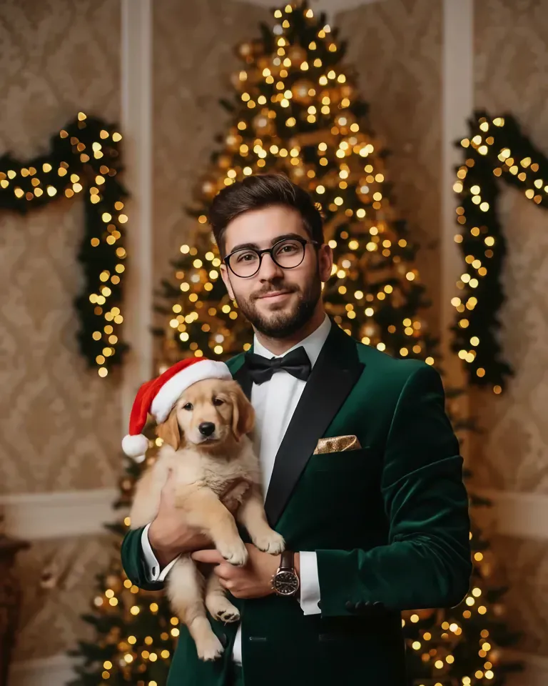 Мужчина в зелёном смокинге с щенком в шапке Санты у ёлки