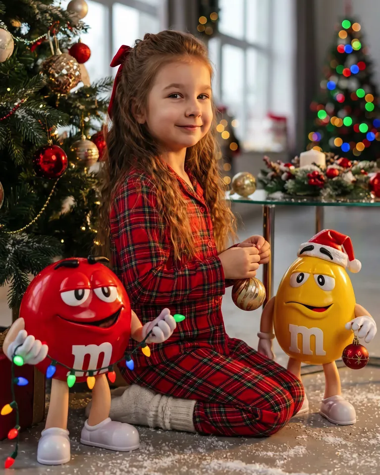 Девочка в новогодней комнате с фигурками M&M’s, тёплые гирлянды