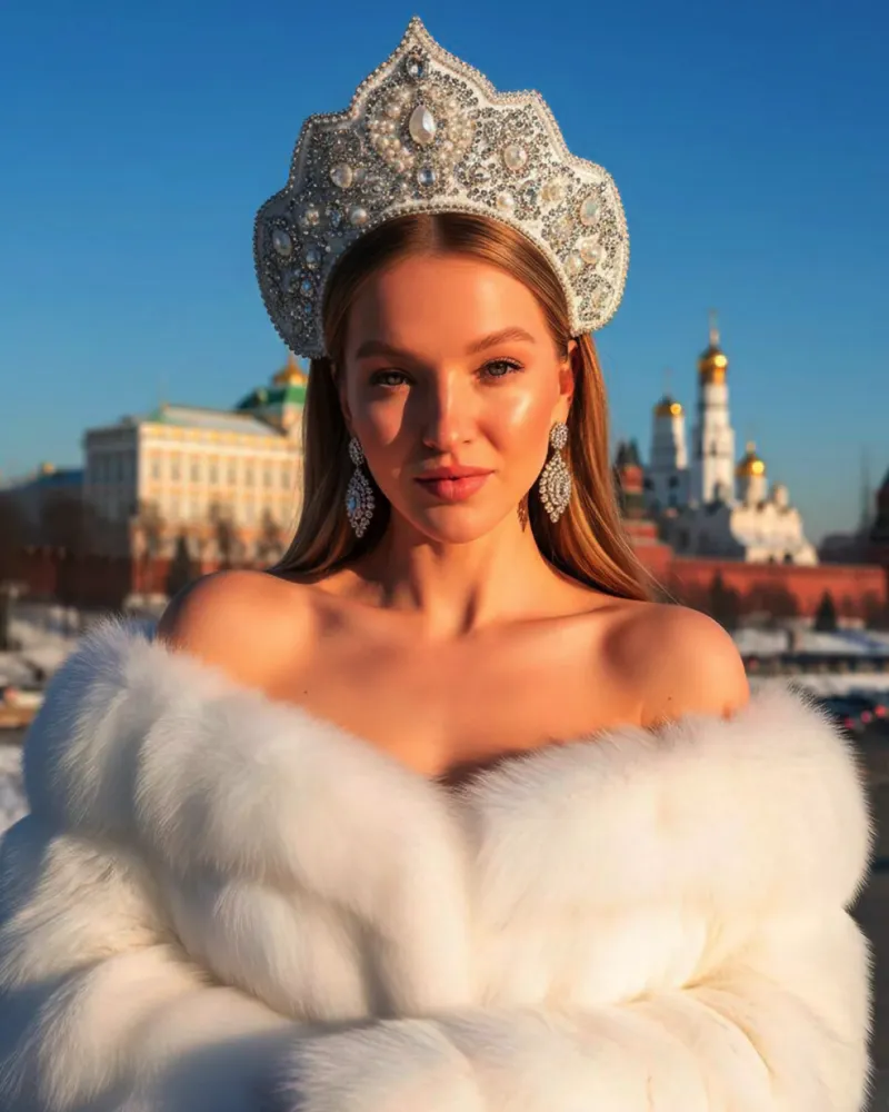 Женщина в короне и белом мехе на зимнем солнце, королевская стилистика