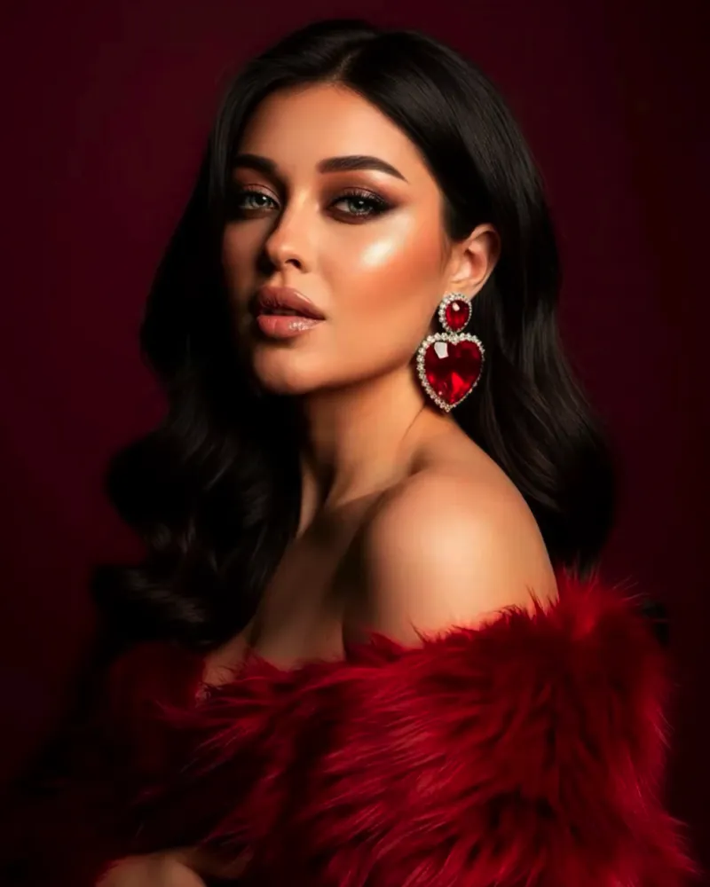 Бьюти-портрет на бордовом фоне, серьги-сердца, мягкий блеск кожи