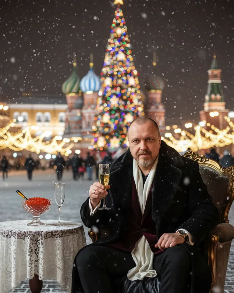 Мужчина с бокалом шампанского на Красной площади, огни и снег