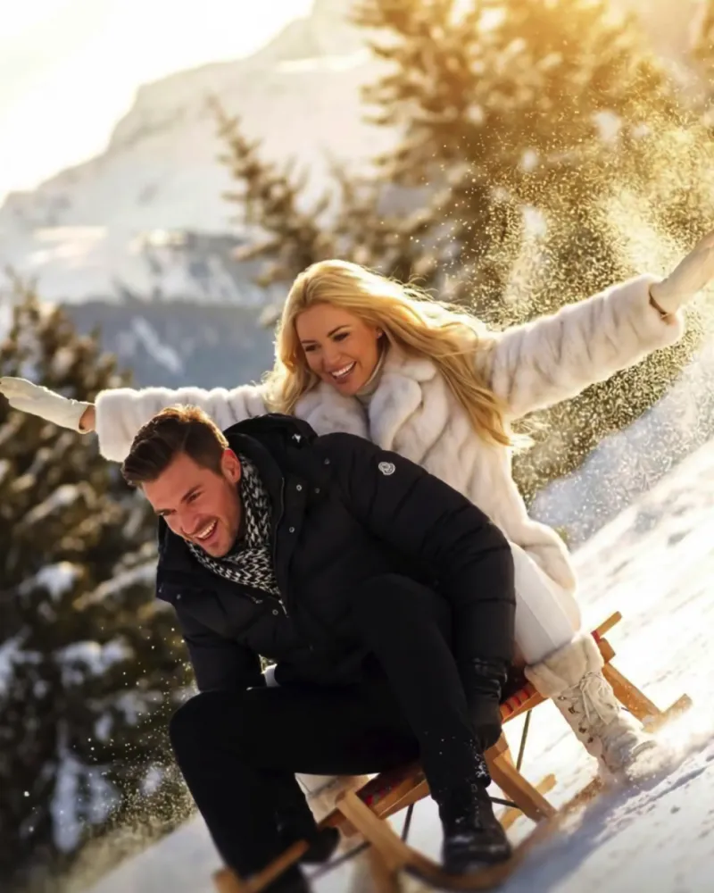 Пара на санях в заснеженных Альпах, солнечные блики