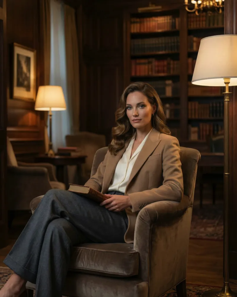 Женский портрет в богатой библиотеке, лампы и тёплый свет