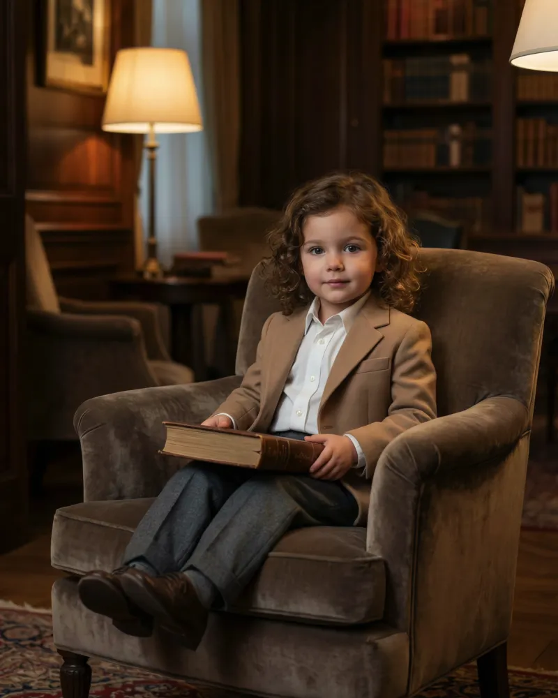 Мальчик в бежевом пиджаке с книгой, классический портрет