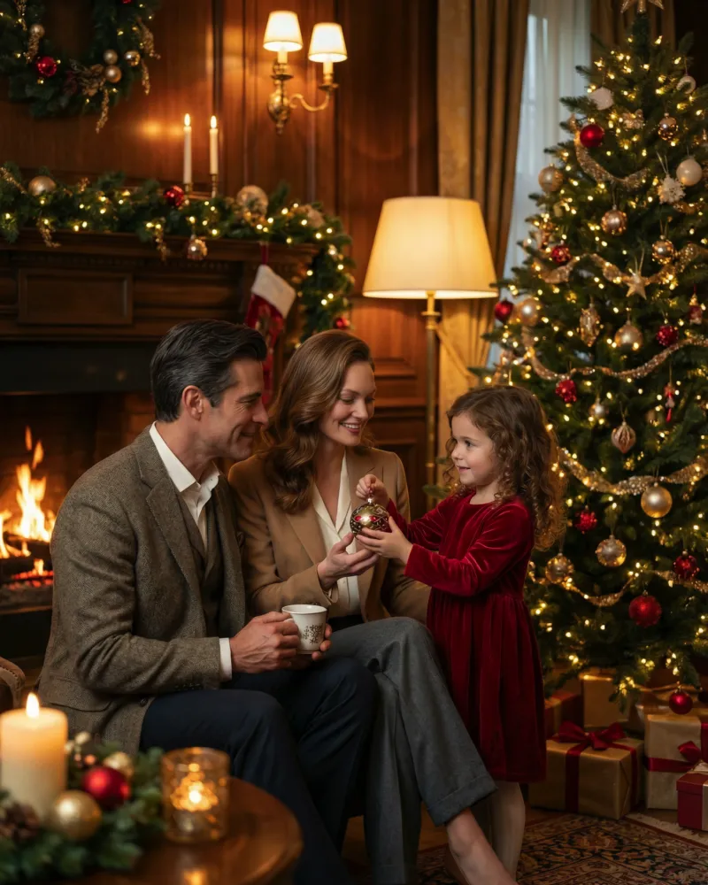Семейный новогодний портрет у камина, ёлка и огонь