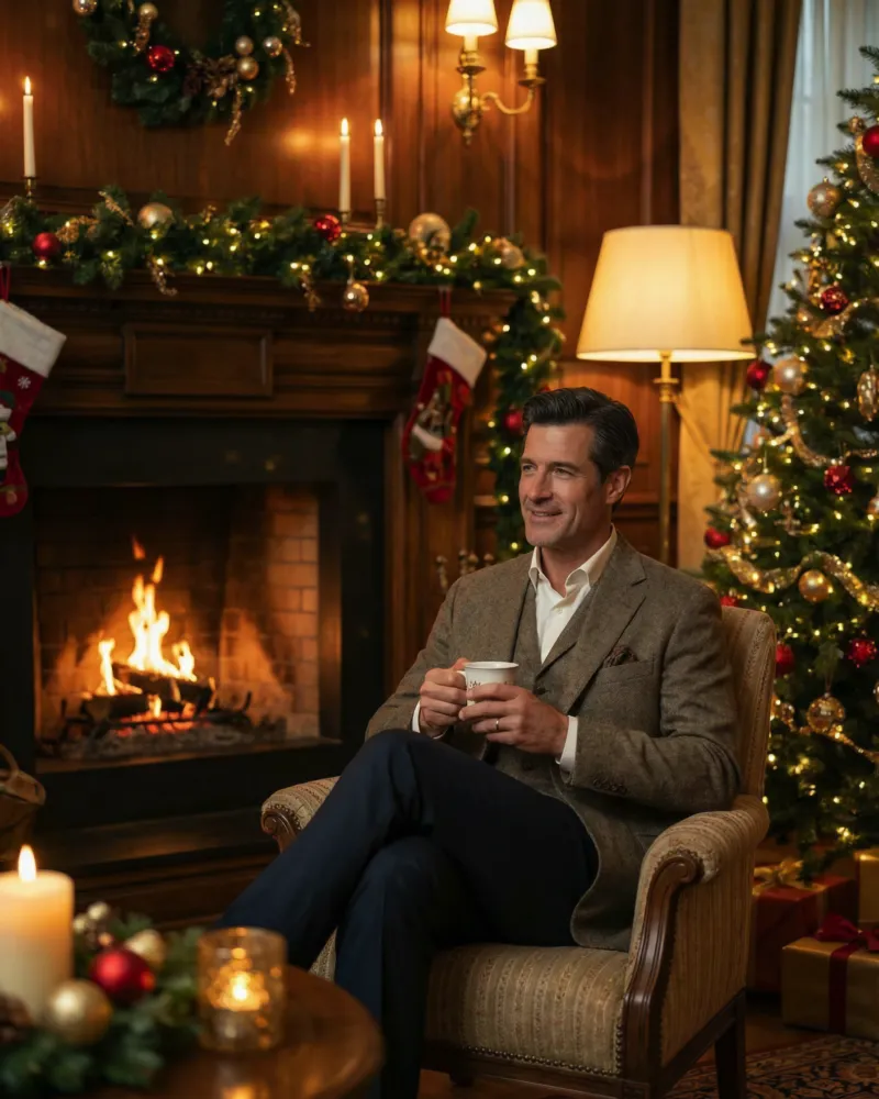 Мужчина у камина и ёлки, классический интерьер