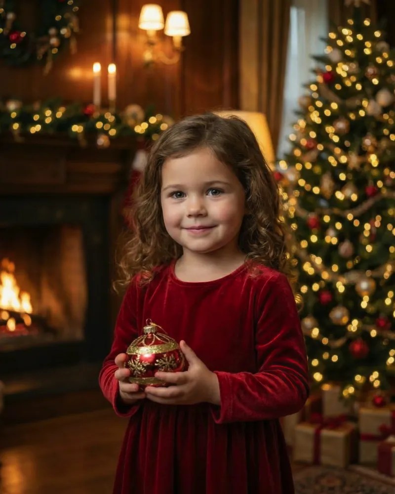 Девочка в бархатном красном платье с новогодним шаром у ёлки